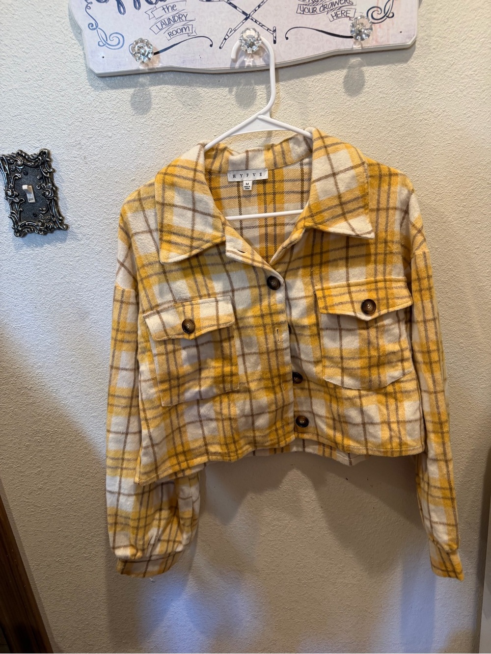 HYFVE Yellow & Cream Plaid Cropped Teddy Jacket